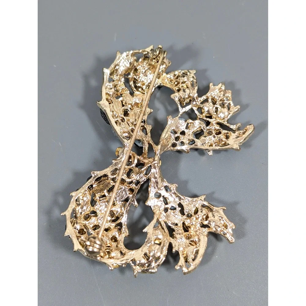 Large Gold Tone‎ Black Gray Rhinestone Bow Brooch Statement Ribbon Pin